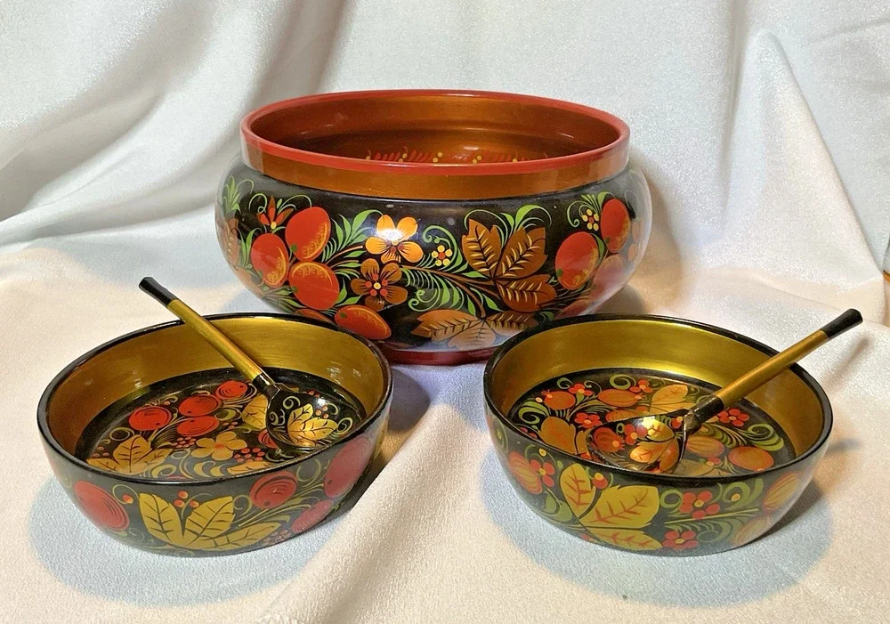 Vintage Russian Khokhloma Lacquer Wooden 8.5